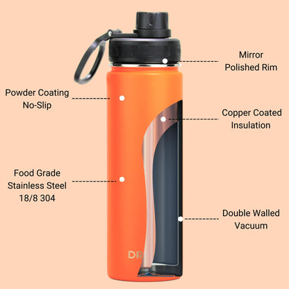 DRINCO® 22 oz. Insulated Stainless Steel Sport Water Bottle — Orange