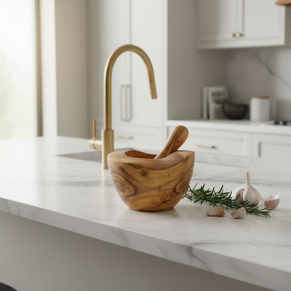 Handcrafted Olive Wood Mortar & Pestle Set — Mediterranean Rustic Style