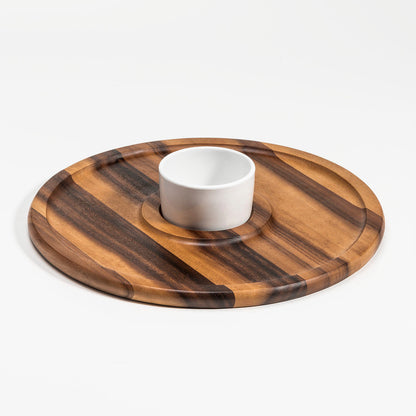 Acacia Wood Chip & Dip Serving Tray with Ceramic Bowl — 15 in.