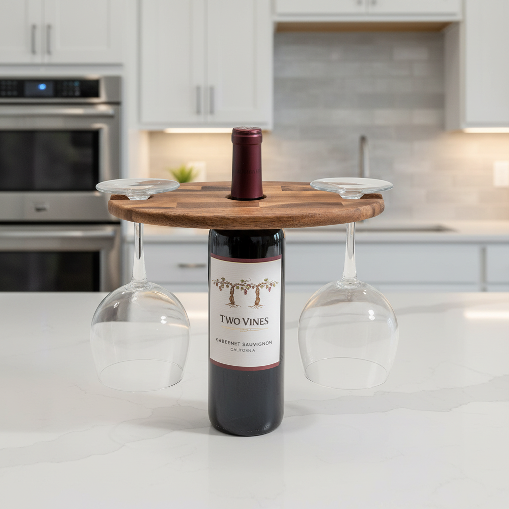 Acacia Wood Wine Glass Caddy — Bottle Topper Holds 2 Glasses | 10 in. x 6 in.