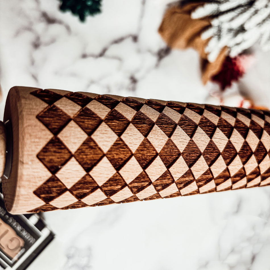 Embossed Wooden Rolling Pin with 2 Cookie Cutters — 3 Pattern Styles