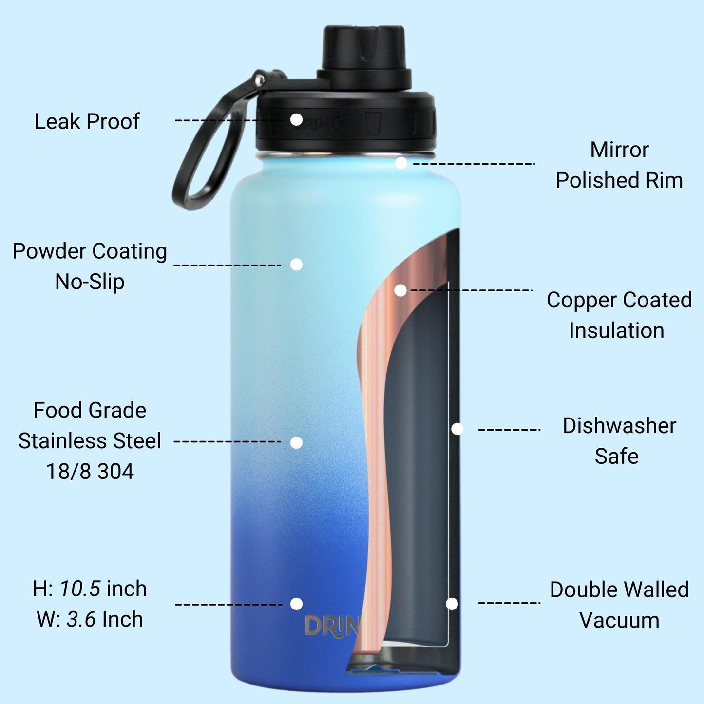 DRINCO® 32 oz. Insulated Stainless Steel Water Bottle — Morning Sky Blue