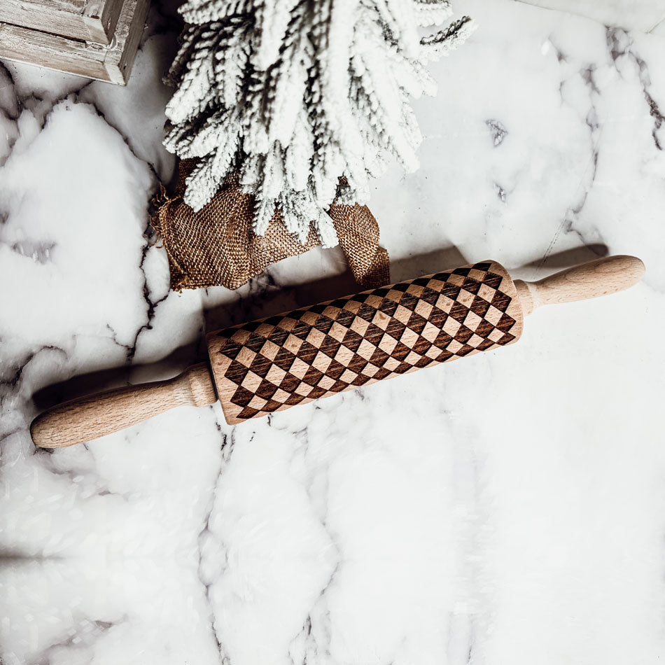 Embossed Wooden Rolling Pin with 2 Cookie Cutters — 3 Pattern Styles