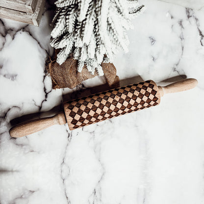 Embossed Wooden Rolling Pin with 2 Cookie Cutters — 3 Pattern Styles