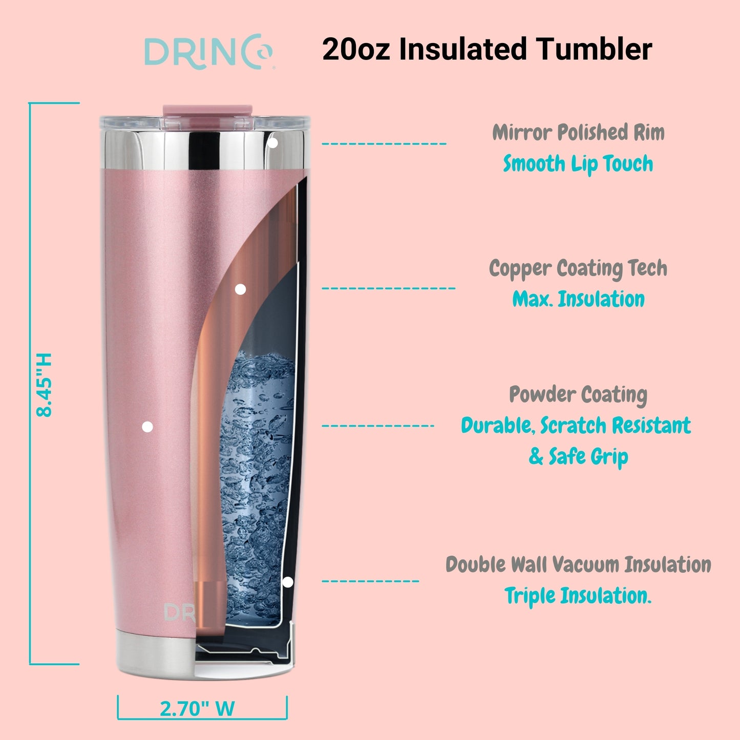 DRINCO® 20 oz. Insulated Tumbler with Spill-Proof Lid — Rose Gold