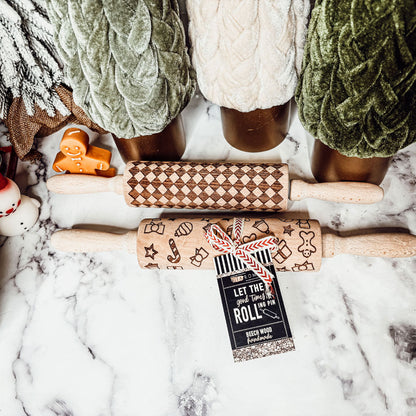 Embossed Wooden Rolling Pin with 2 Cookie Cutters — 3 Pattern Styles
