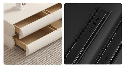 Close-up detail split panel of a cream ivory floating TV stand showing open storage drawers on the left and heavy-duty black drawer slide hardware on the right — LivDecor
