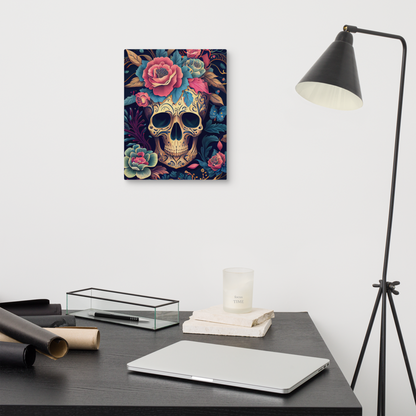 Flor de Noche sugar skull canvas print in 11×14 hung above a dark wood home office desk with a laptop, glass tray, stacked books, candle, and black tripod floor lamp — LivDecor
