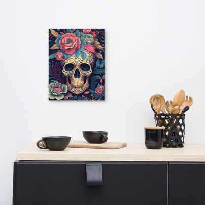 Flor de Noche sugar skull canvas print in 11×14 hung above a black modern sideboard with black ceramic bowls and wooden utensils in a minimalist kitchen — LivDecor
