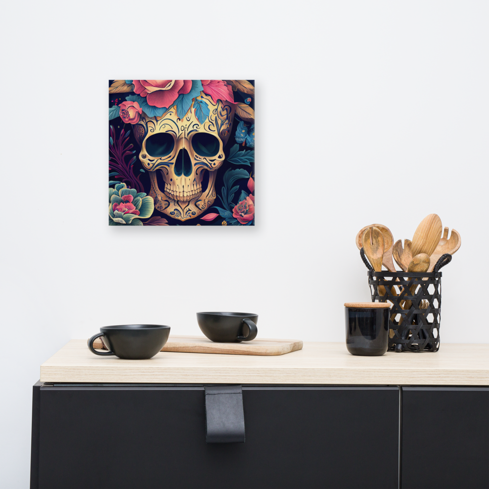Flor de Noche sugar skull canvas print in 12×12 square hung above a black modern sideboard with black ceramic bowls and wooden utensils in a minimalist kitchen — LivDecor
