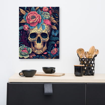 Flor de Noche sugar skull canvas print in 16×20 hung above a black modern sideboard with black ceramic bowls and wooden utensils in a minimalist kitchen — LivDecor
