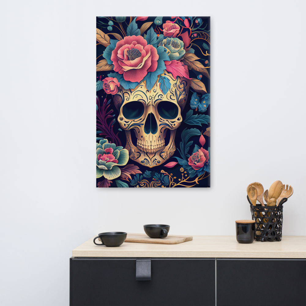 Flor de Noche sugar skull canvas print in 24×36 hung large above a black modern sideboard with black ceramic bowls and wooden utensils in a minimalist kitchen — LivDecor
