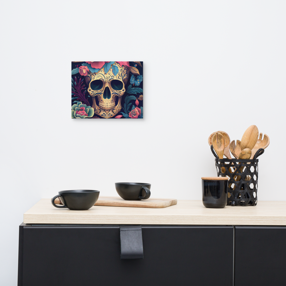 Flor de Noche sugar skull canvas print in 8×10 hung above a black modern sideboard with black ceramic bowls and wooden utensils in a minimalist kitchen — LivDecor
