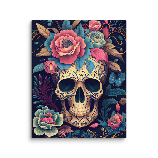 Flor de Noche canvas print featuring a gold filigree sugar skull crowned with pink peonies and teal blooms against a deep navy botanical background, 16×20 gallery-wrapped canvas — LivDecor
