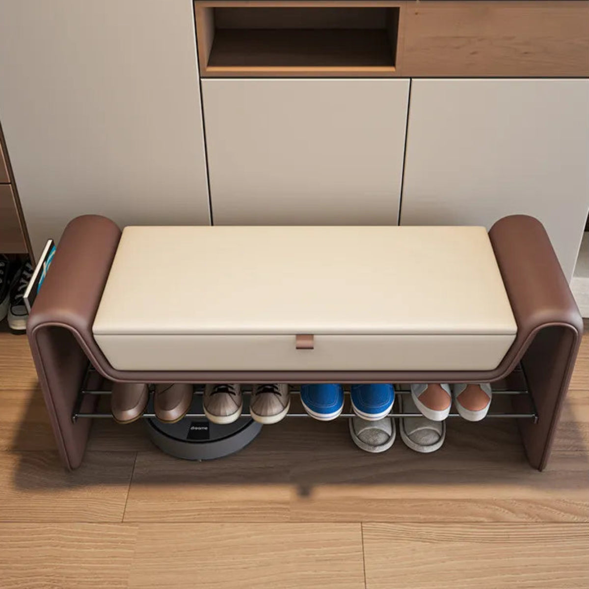 Folio Luxe entryway shoe storage bench in brown faux leather with cream lift-top seat and lower shoe rack viewed from above in a modern entryway — LivDecor
