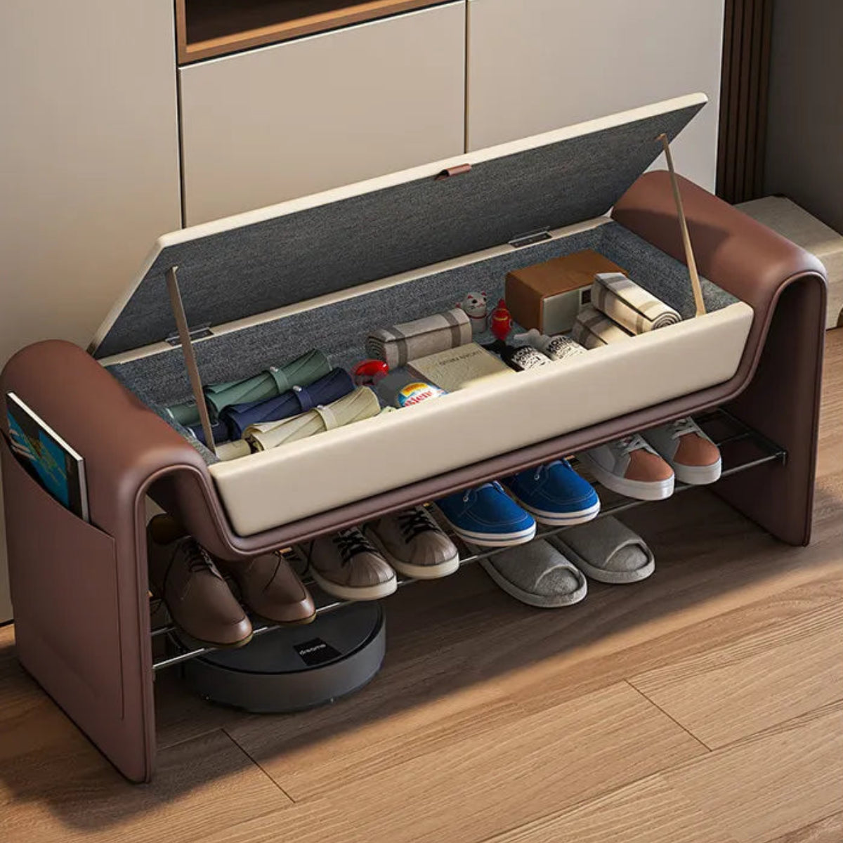 Folio Luxe entryway shoe storage bench in brown faux leather with lift-top lid open revealing spacious hidden storage compartment above lower shoe rack — LivDecor

