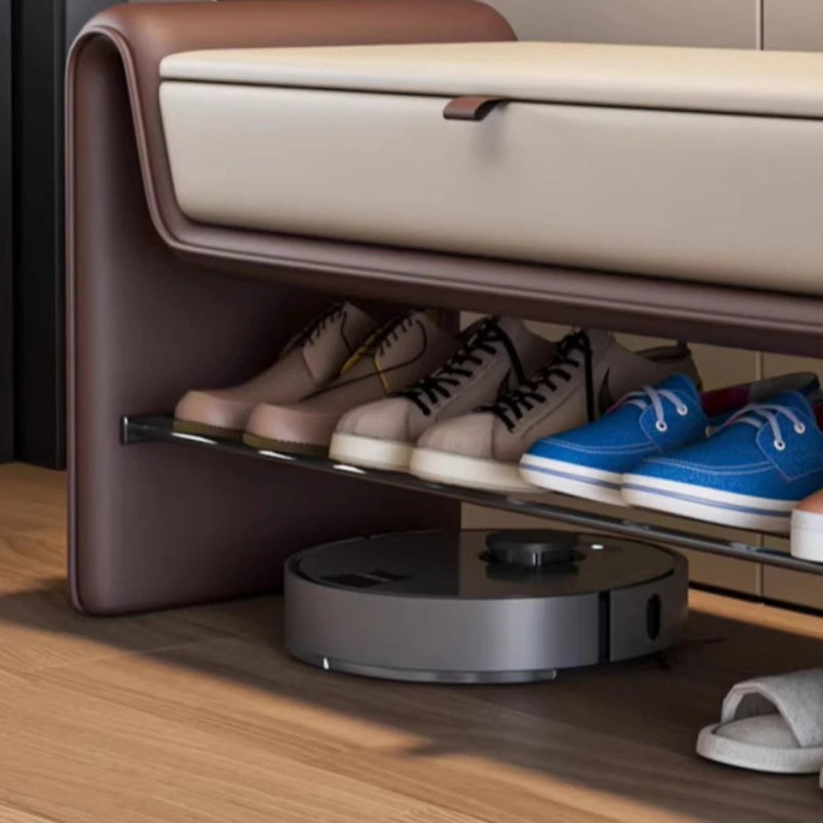Close-up front view of the Folio Luxe entryway shoe storage bench lower shoe rack in brown faux leather with organized shoes on wood flooring — LivDecor
