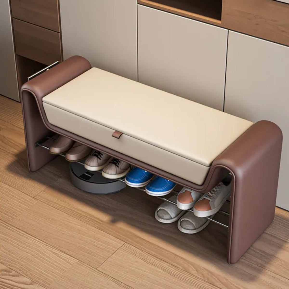 Folio Luxe entryway shoe storage bench in brown faux leather with cream lift-top seat shown at a three-quarter angle with shoes on the lower rack — LivDecor
