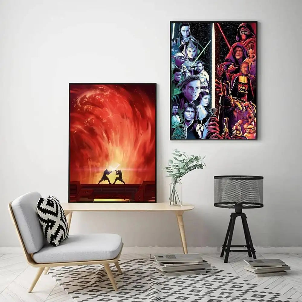 Galaxy heroes cinematic sci-fi fantasy poster 2-design pairing displayed in a modern Scandinavian living room lifestyle setting — LivDecor
