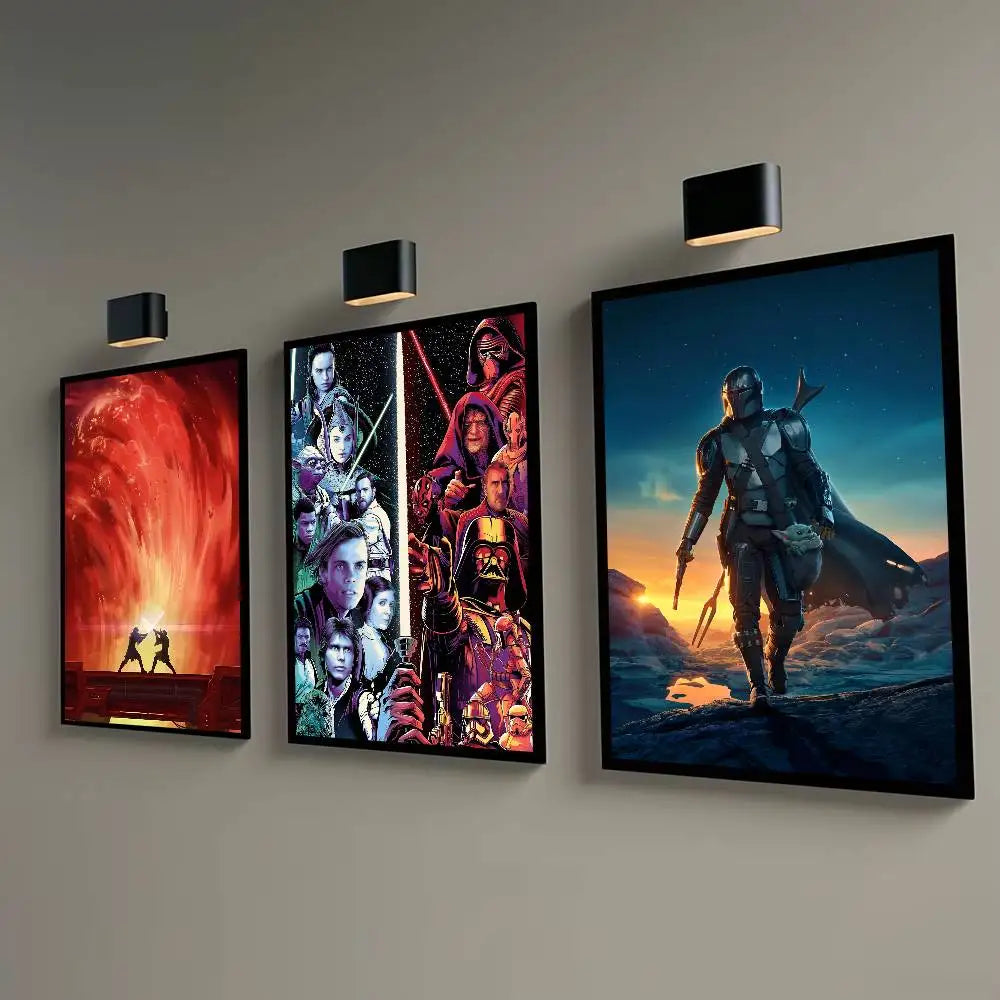 Galaxy heroes cinematic sci-fi fantasy poster 3-design lit gallery wall display with wall sconce lighting — LivDecor
