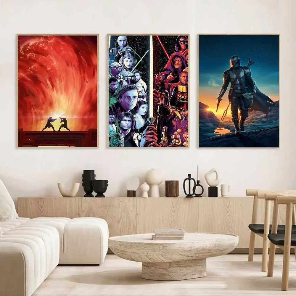 Galaxy heroes cinematic sci-fi fantasy poster 3-design triptych displayed in a warm neutral living room lifestyle setting — LivDecor
