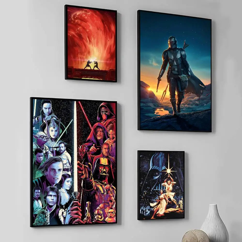 Galaxy heroes cinematic sci-fi fantasy poster 4-design gallery wall mockup featuring duel, bounty hunter, saga collage and dawn designs — LivDecor
