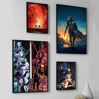 Galaxy heroes cinematic sci-fi fantasy poster 4-design gallery wall mockup featuring duel, bounty hunter, saga collage and dawn designs — LivDecor
