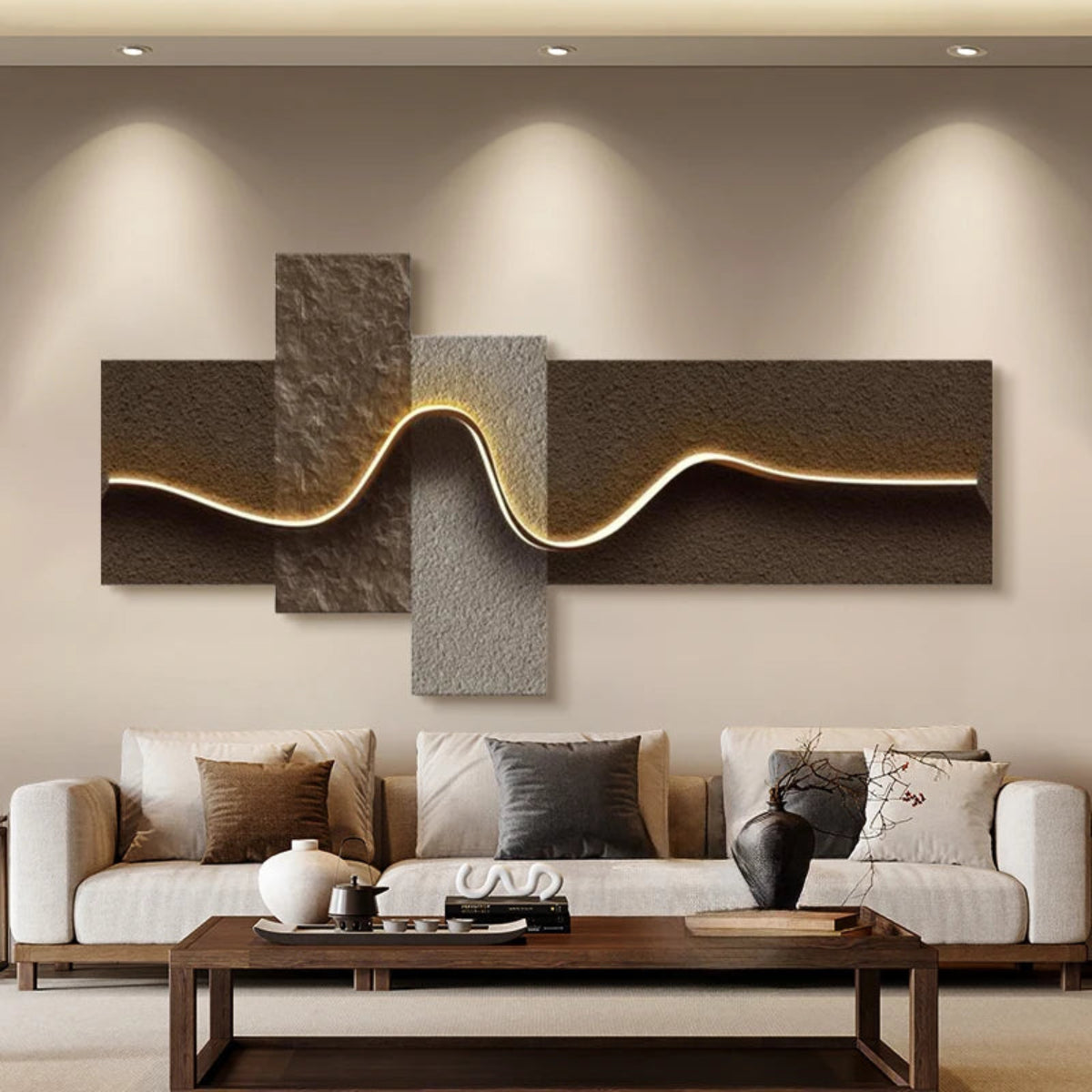 Geometric Wave LED wall art with dark bronze and raw stone-texture cross-panel canvas and warm amber LED light strip illuminated above a cream linen sofa with walnut coffee table and ceramic vases — LivDecor
