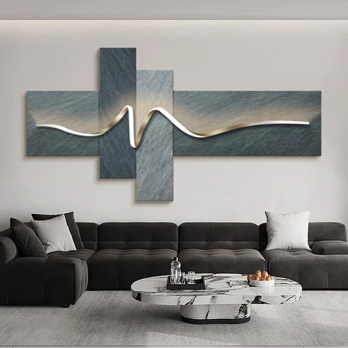 Geometric Wave LED wall art with deep slate blue and grey stone-texture cross-panel canvas and cool white LED light strip illuminated above a charcoal velvet sectional sofa with white marble oval coffee table — LivDecor