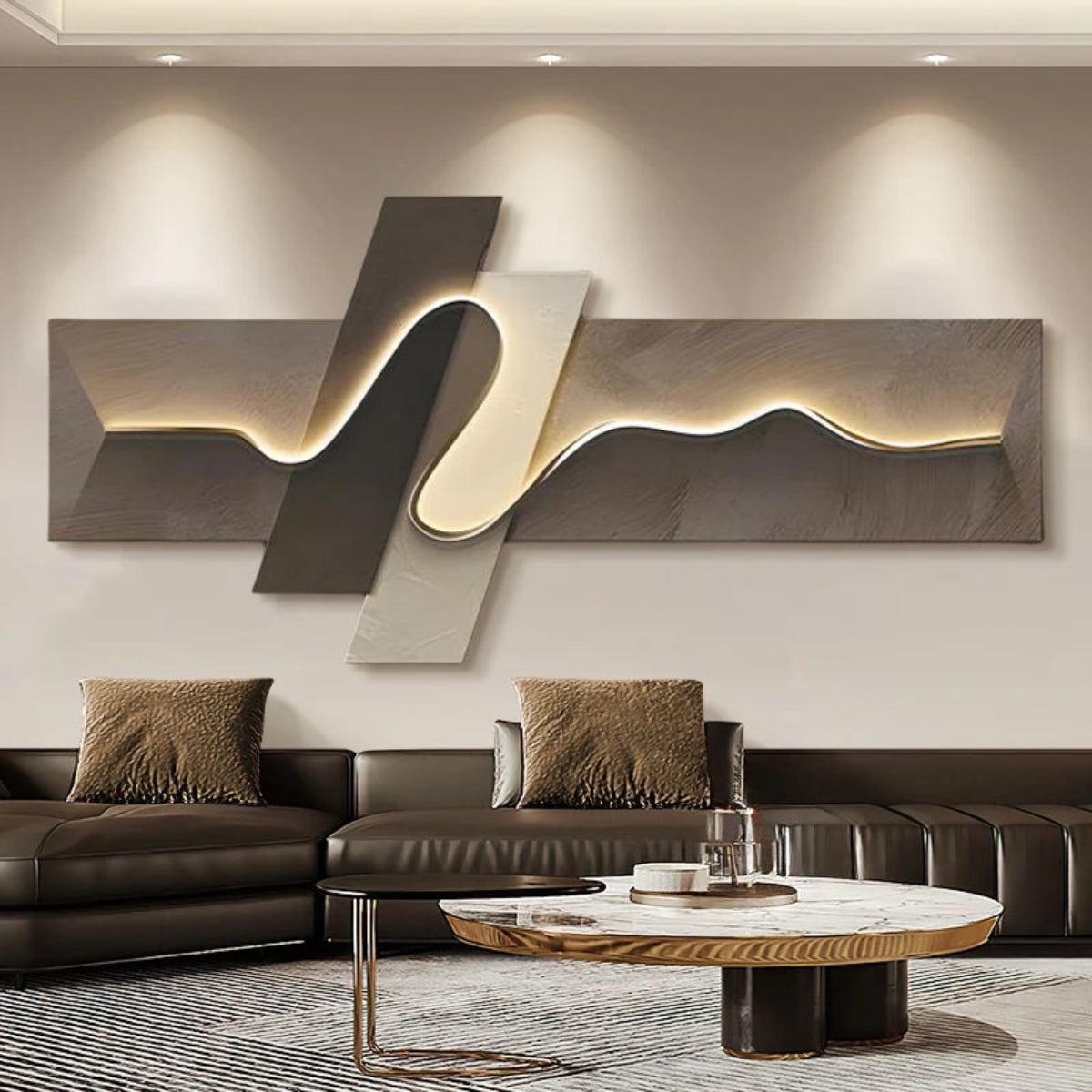 Geometric Wave LED wall art with taupe and silver diagonal overlapping cross-panel canvas and sinuous chrome LED light strip illuminated above a dark chocolate leather sectional sofa with marble-top gold coffee table — LivDecor
