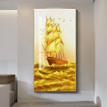 Golden tall ship on textured golden waves canvas wall art in a gold frame hung on a white wall in a luxury living room — LivDecor
