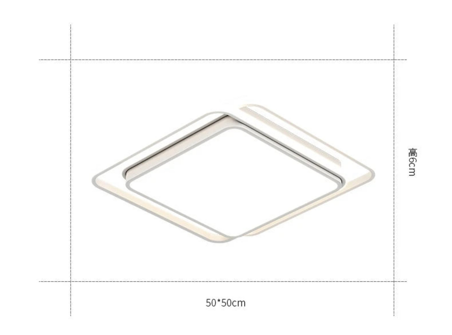 Dimension diagram of the Halo tricolor LED flush mount ceiling light in golden square showing 50x50cm width and 6cm height measurements on white background — LivDecor
