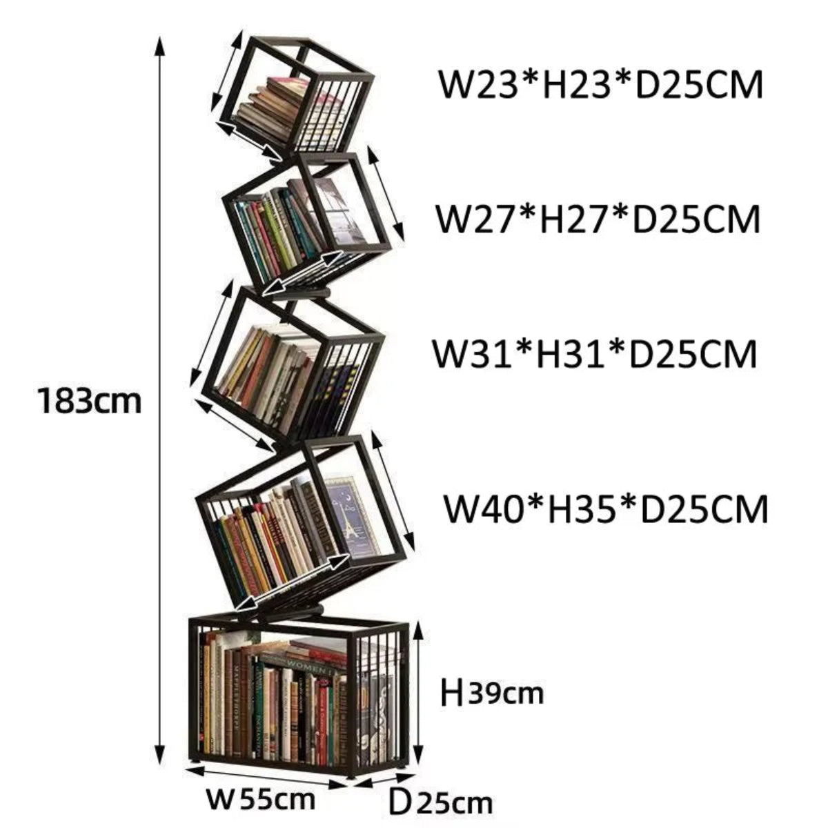Helix Loft 5-tier industrial iron bookcase dimension diagram showing 183cm total height with staggered shelf widths from 23cm to 55cm base — LivDecor
