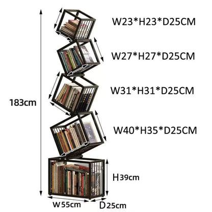 Helix Loft 5-tier industrial iron bookcase dimension diagram showing 183cm total height with staggered shelf widths from 23cm to 55cm base — LivDecor
