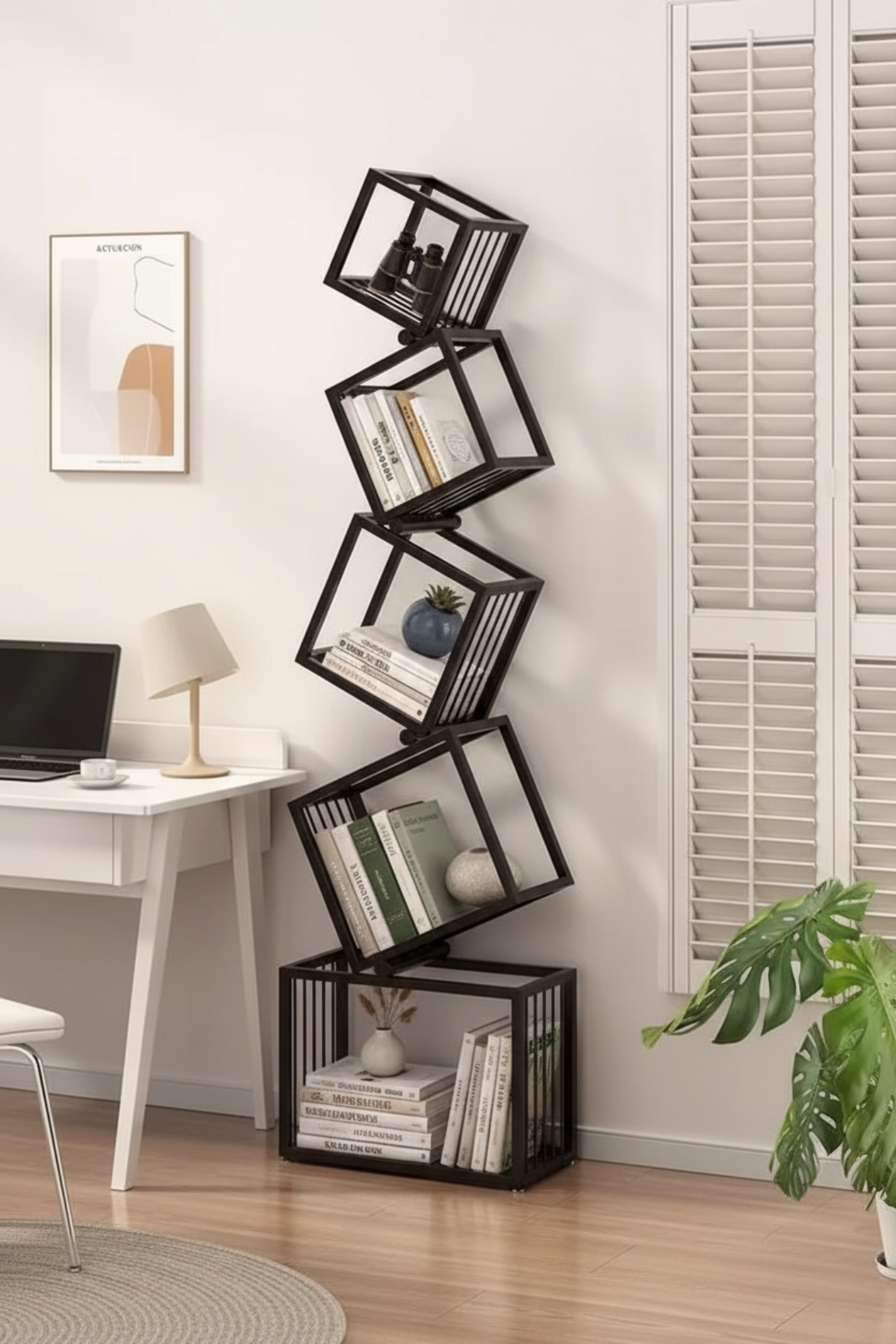 Helix Loft 5-tier industrial iron bookcase in black styled with curated books and a ceramic vase against a warm white wall with wood floor — LivDecor

