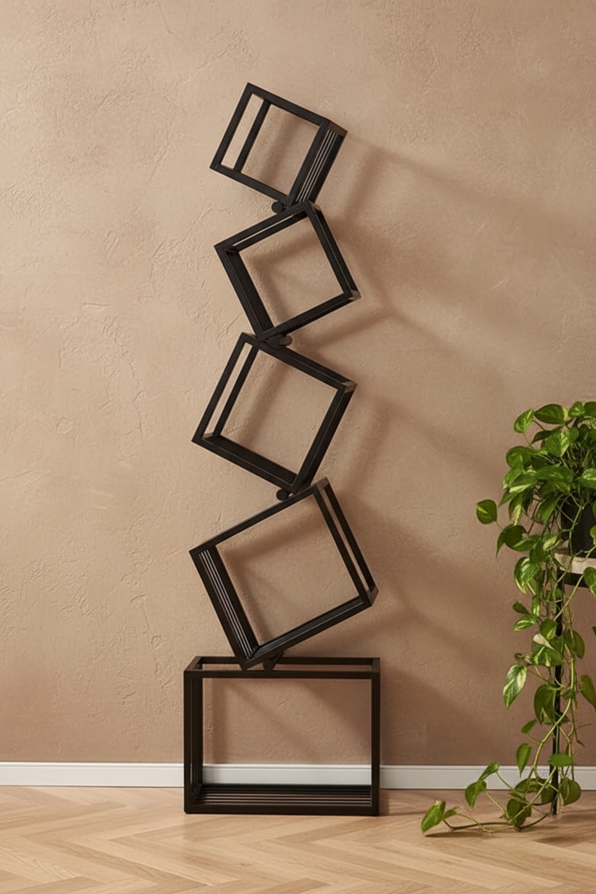 Helix Loft bookcase in matte black with five staggered open cube frames leaning against a warm taupe plaster wall on herringbone oak flooring with trailing pothos plant — LivDecor
