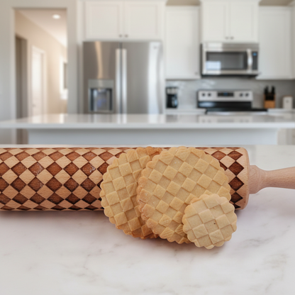 Embossed Wooden Rolling Pin with 2 Cookie Cutters — 3 Pattern Styles