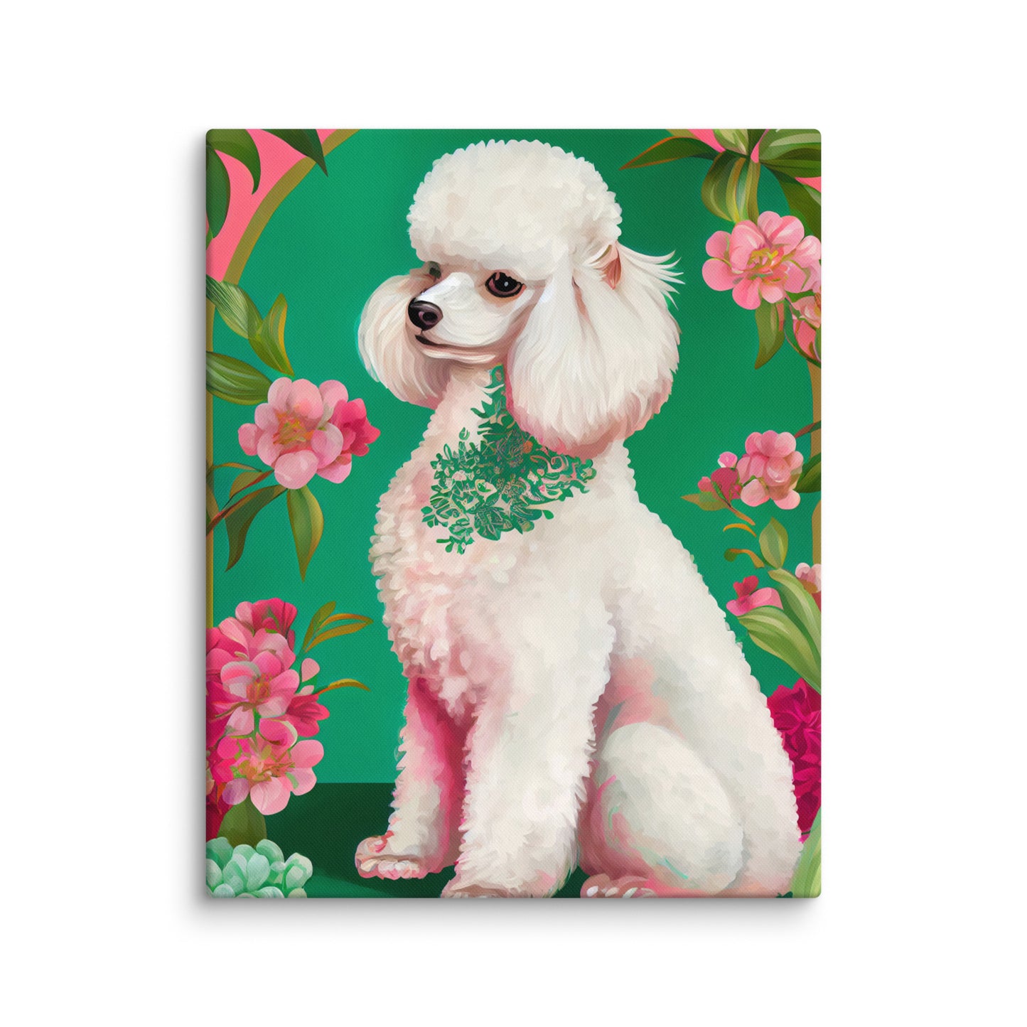 Jardin Blanc canvas print featuring a white poodle with a floral collar against an emerald green background with pink blooms and tropical leaves, 16×20 gallery-wrapped canvas — LivDecor
