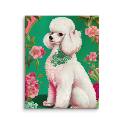 Jardin Blanc canvas print featuring a white poodle with a floral collar against an emerald green background with pink blooms and tropical leaves, 16×20 gallery-wrapped canvas — LivDecor
