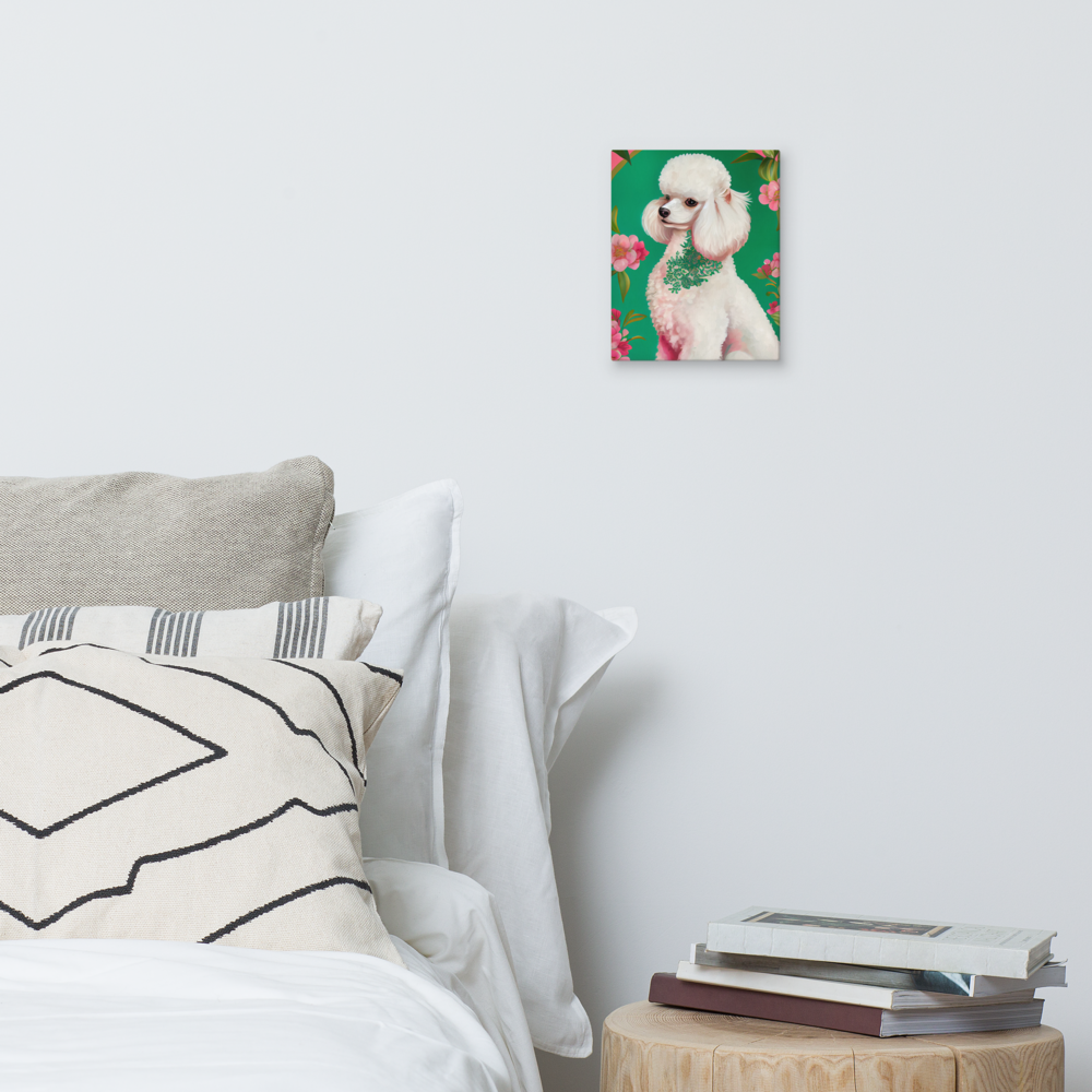 Jardin Blanc white poodle canvas print in 8×10 hung above a white linen bed with geometric cushions beside a wood stump nightstand with stacked books in a serene bedroom — LivDecor
