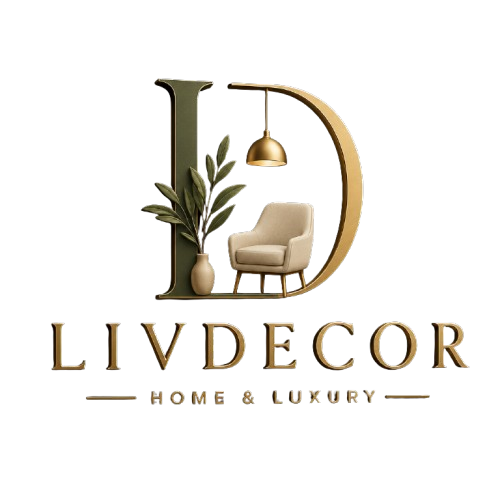 LivDecor Home & Luxury logo with LD monogram, pendant light, armchair, and olive branch on a transparent background — LivDecor