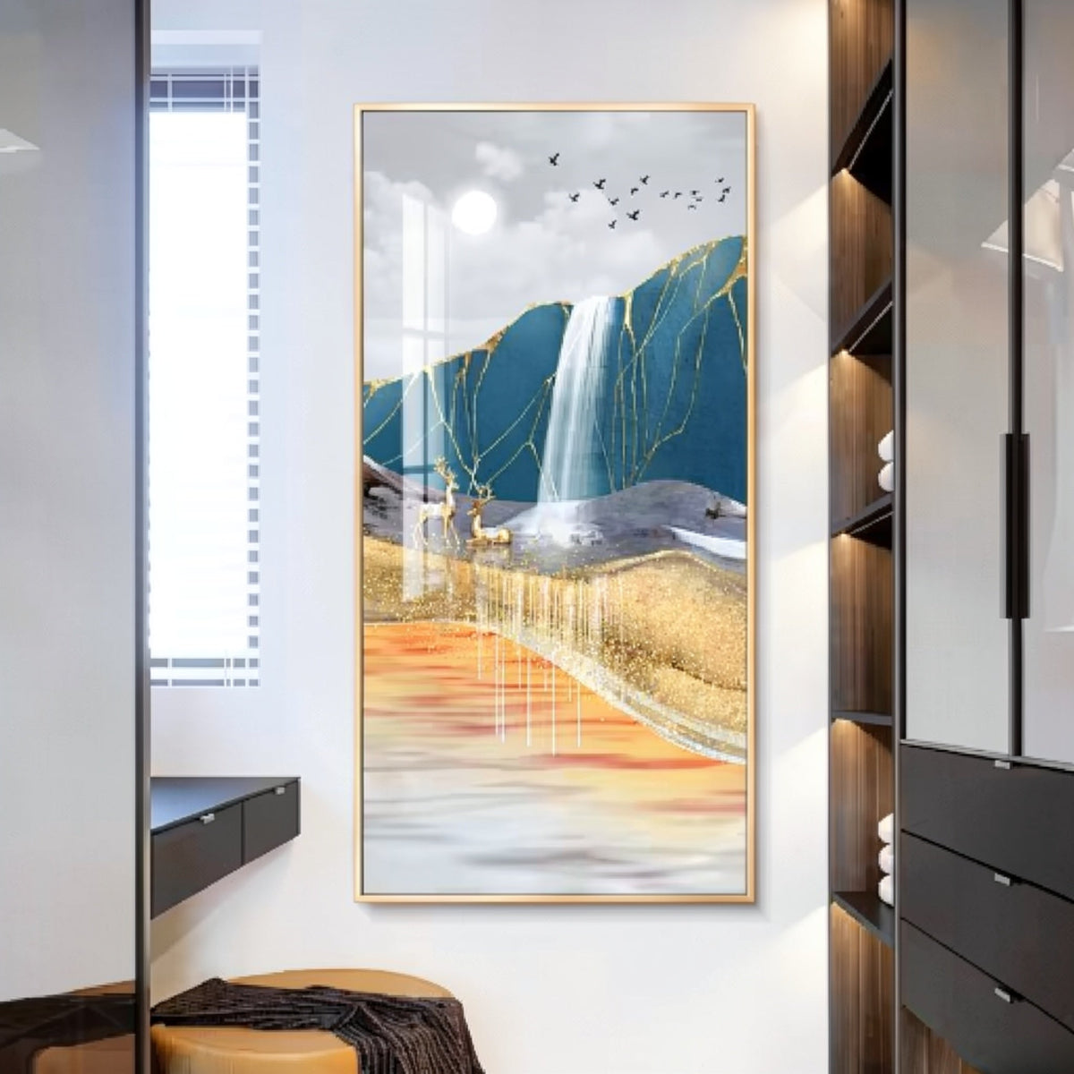 Gold-framed vertical mural of an abstract landscape with teal mountains, a waterfall, gold-leaf accents, a golden deer and birds in flight, mounted in a modern entryway — LivDecor
