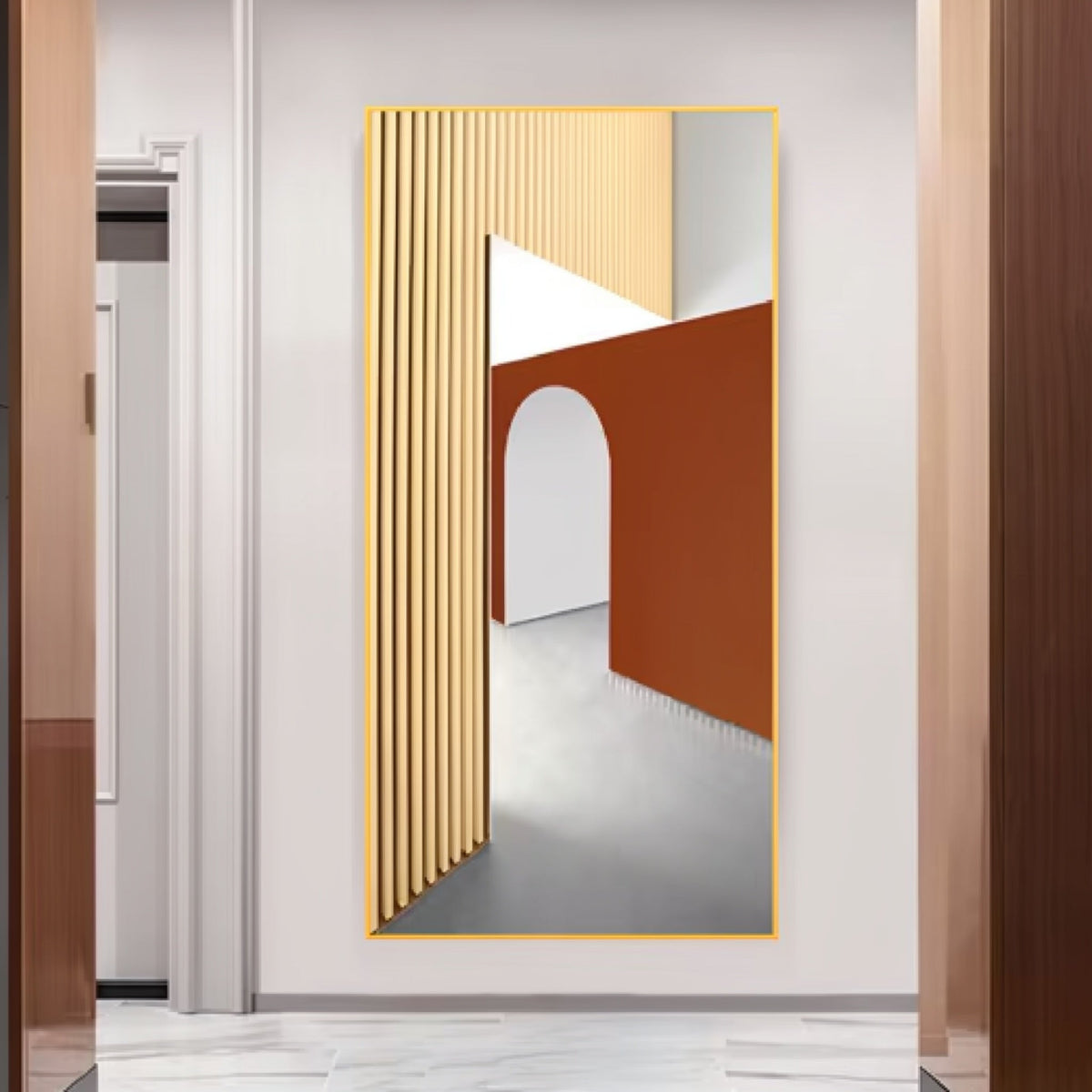 Gold-framed vertical mural of a warm minimalist architectural scene with fluted cream columns, a terracotta wall and an arched corridor, mounted in a hallway entryway — LivDecor
