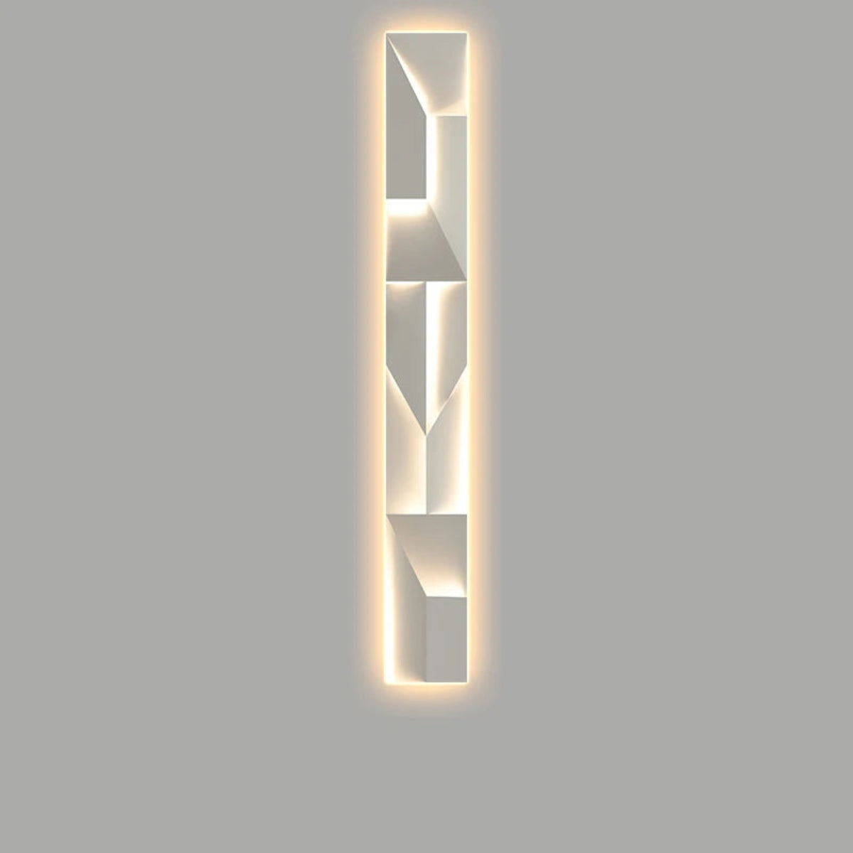 Luminary Canvas backlit crystal art wall sconce in white with warm LED glow showing alternate geometric panel configuration against a neutral grey background — LivDecor
