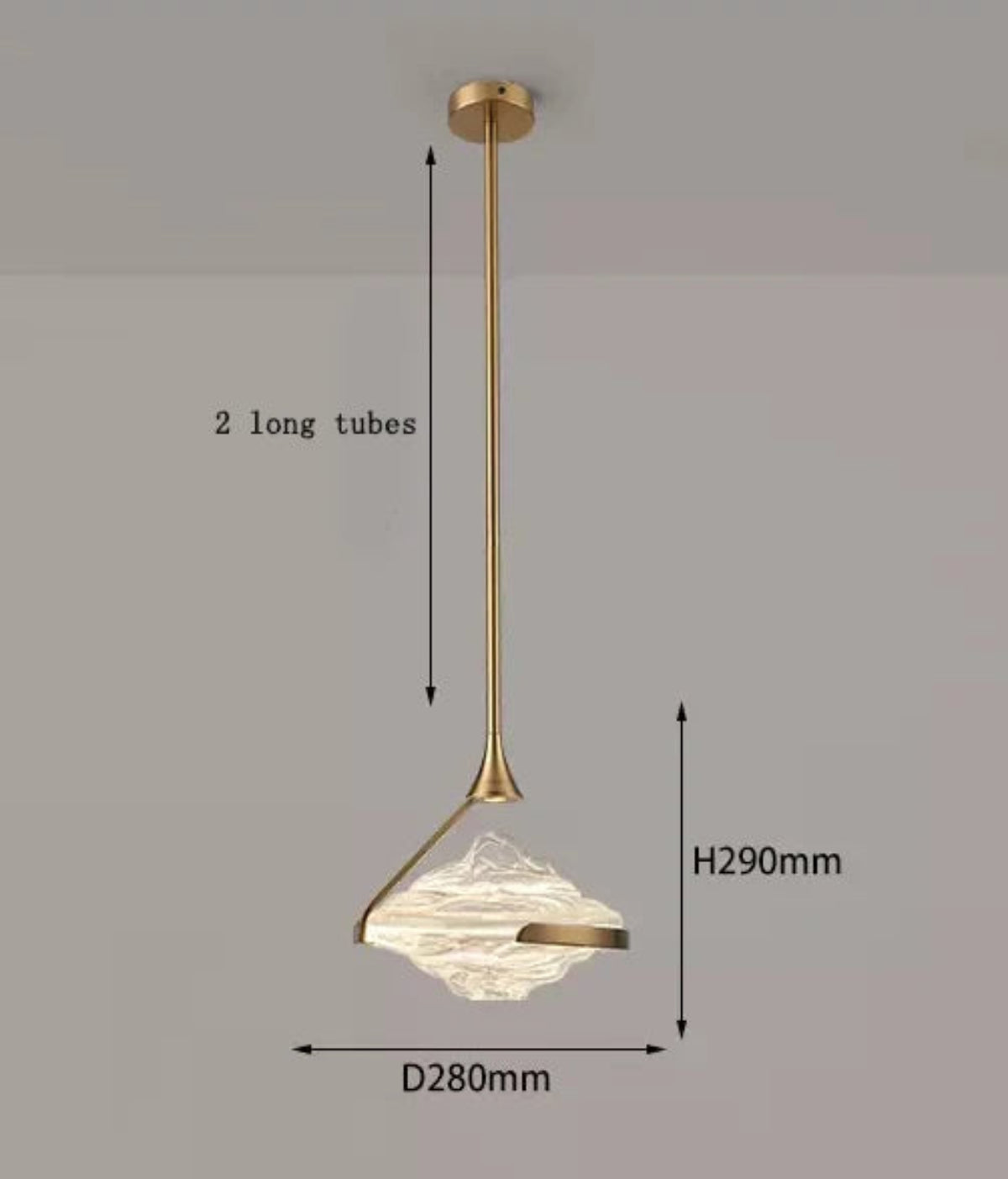 Dimension diagram of a single marble-effect geometric pendant light on a gold stem with round ceiling canopy showing 280mm width and 290mm height — LivDecor