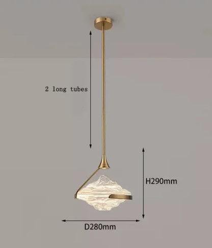 Dimension diagram of a single marble-effect geometric pendant light on a gold stem with round ceiling canopy showing 280mm width and 290mm height — LivDecor