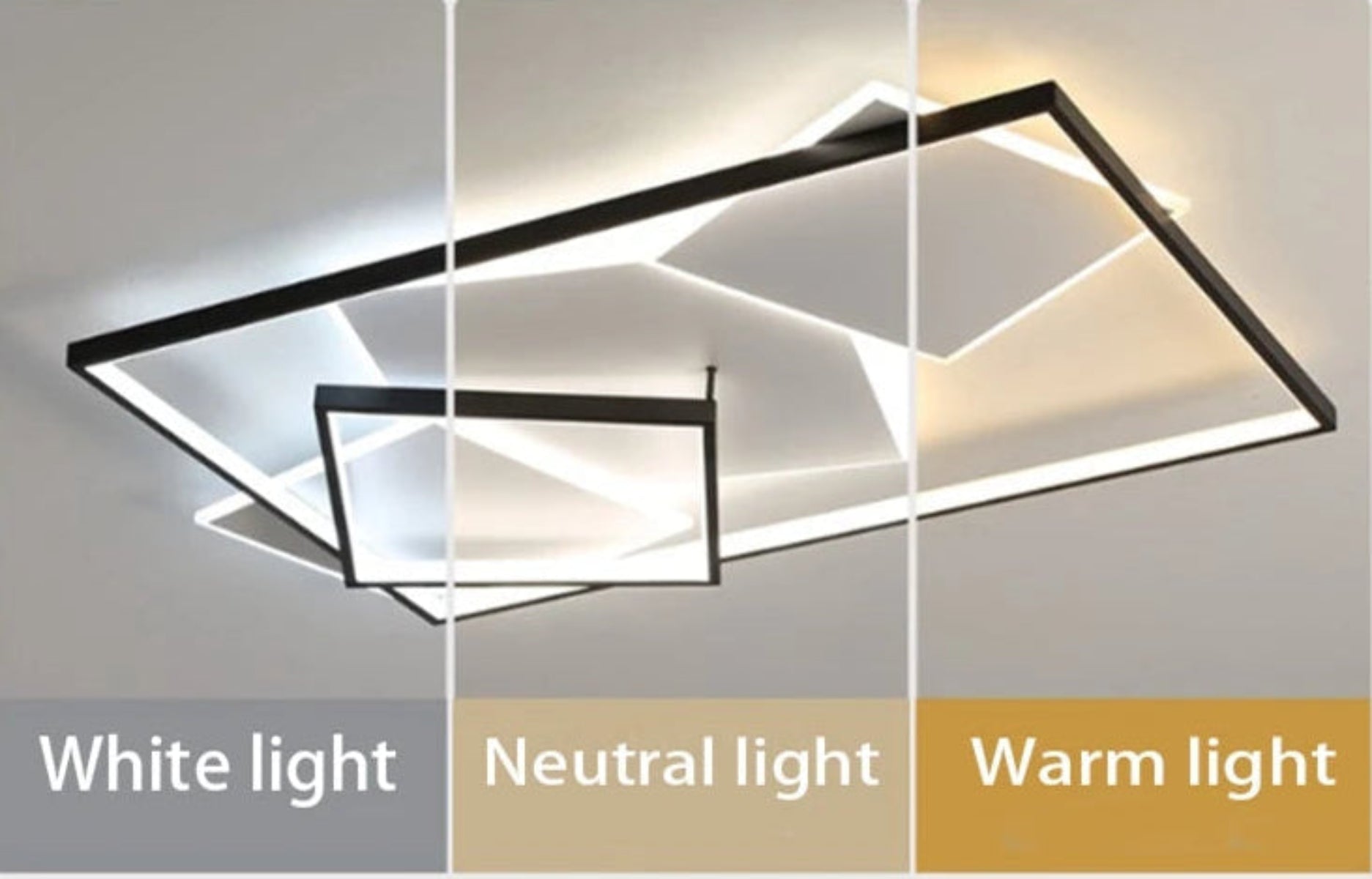 Modern geometric LED flush mount ceiling light with black multi-rectangle frame shown in three color temperatures: white light, neutral light, and warm light — LivDecor
