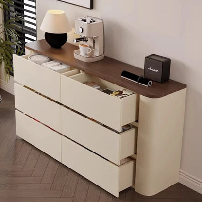 Nordic Elegance cream ivory buffet credenza with walnut top shown from above with all 6 drawers open and filled with linens, books, and accessories demonstrating real storage capacity lifestyle shot — LivDecor
