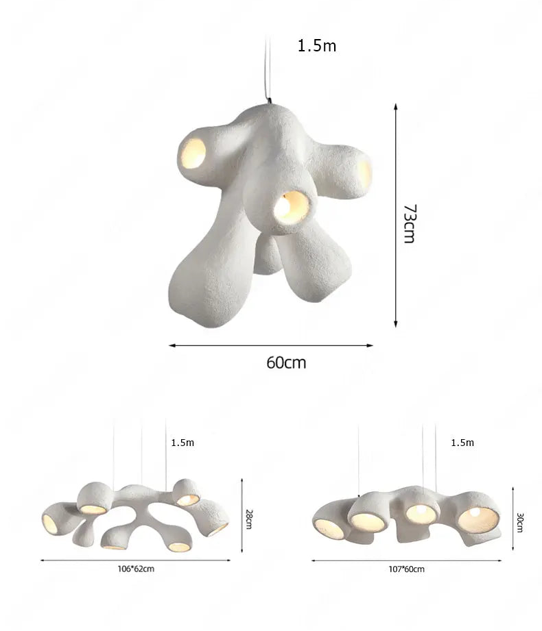 Odense Cocoon sculptural cloud pendant chandelier white variant size comparison showing 4-head cluster 60x73cm, 7-head flat 106x62cm, and 3-head linear 107x60cm all with 1.5m cord — LivDecor
