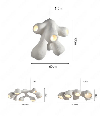 Odense Cocoon sculptural cloud pendant chandelier white variant size comparison showing 4-head cluster 60x73cm, 7-head flat 106x62cm, and 3-head linear 107x60cm all with 1.5m cord — LivDecor
